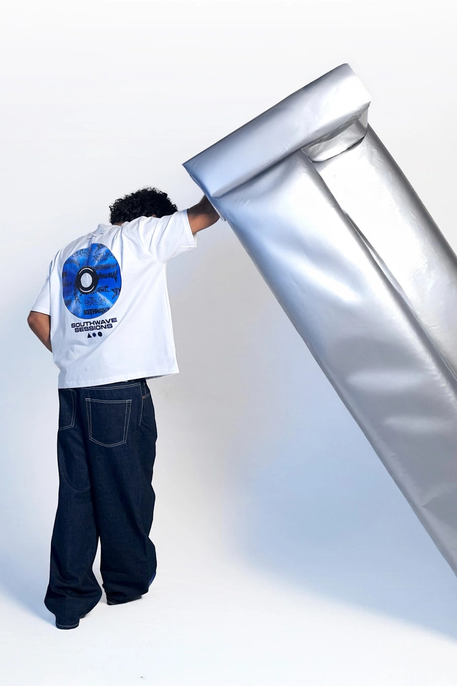 Model wearing SouthWave Anniversary Edition limited edition t-shirt