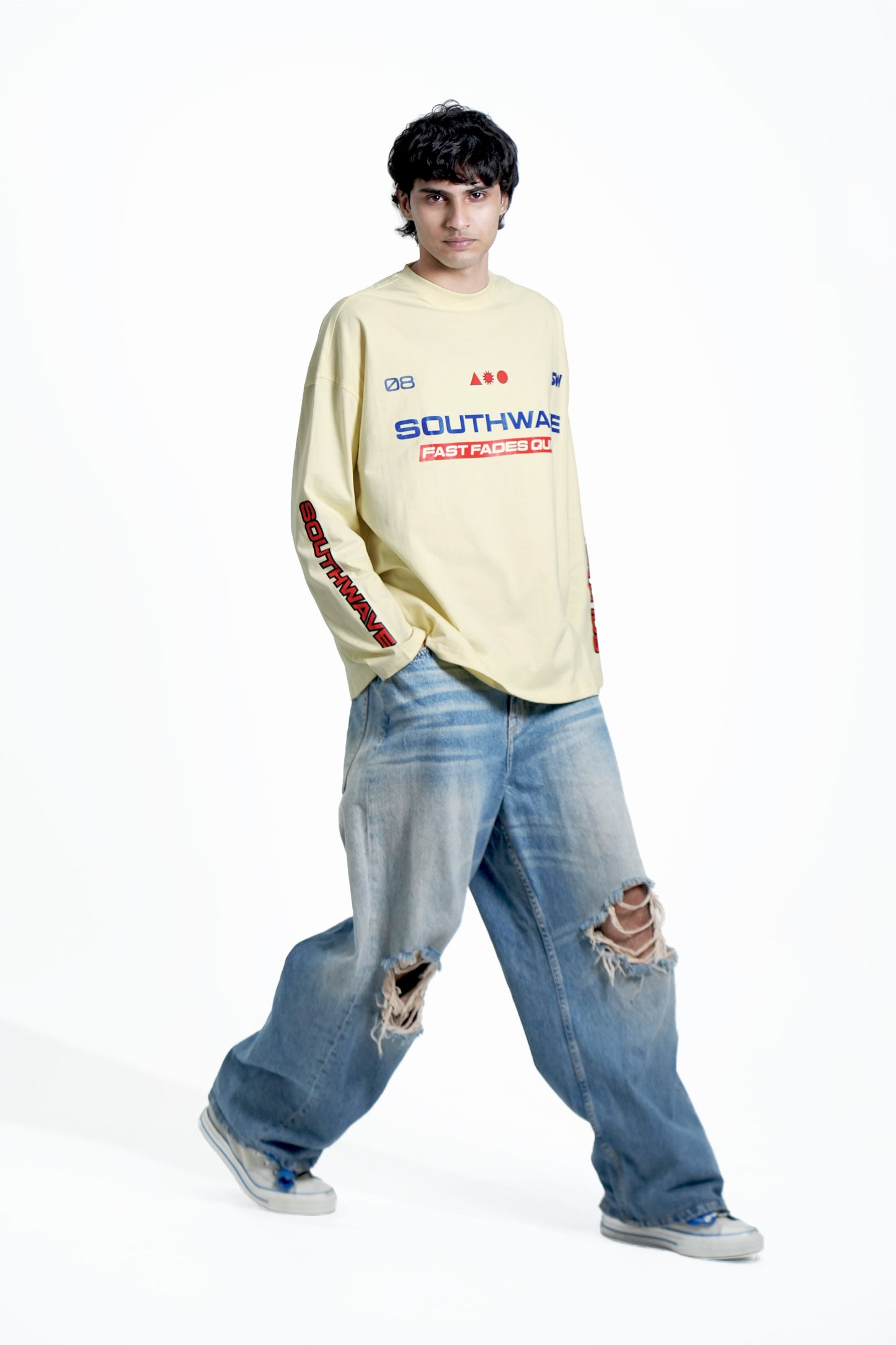 Model wearing SouthWave Fast Fade t-shirt - front view lifestyle