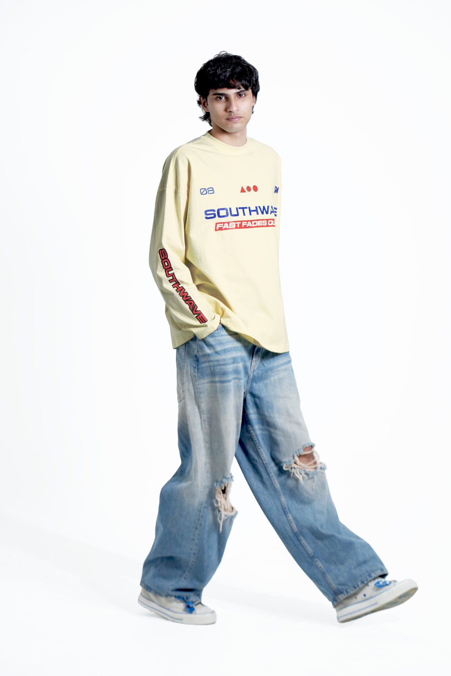 Model wearing SouthWave Fast Fade t-shirt - side view lifestyle